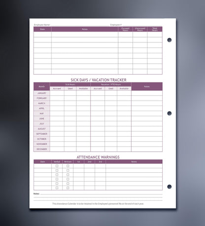 Attendance Calendar Employee Card Attendance Record Tracker 2026, Heavy 100lb Cardstock Paper 8.5 x 11 inches (Purple, Pack of 25 Sheets)