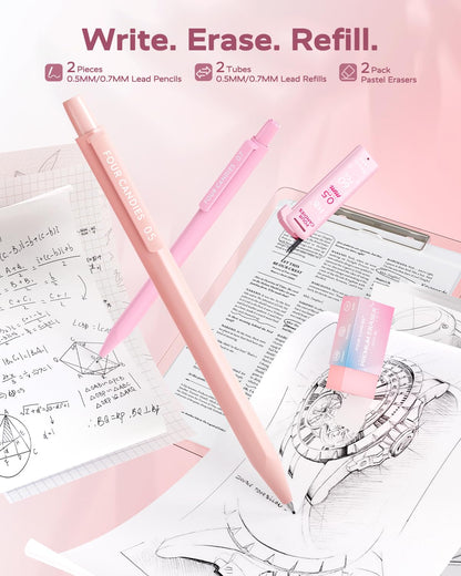 Four Candies Pink School Supplies with Case, Gel Pens with Black Ink, Correction Tapes, Pastel Highlighters, Mechanical Pencils, Sticky Notes, Index Post for Bible Study Stationary College Essentials