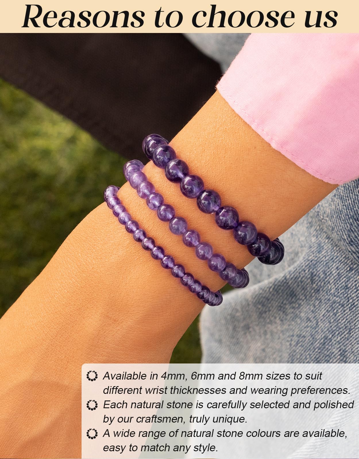 Landorilo Beaded Bracelet for Men Women, 6mm Natural Stone Amethyst Healing Crystal Stretch Bracelets, Ideal Christmas Birthday Jewelry Gifts with Energy Card，Replacement Beads Included