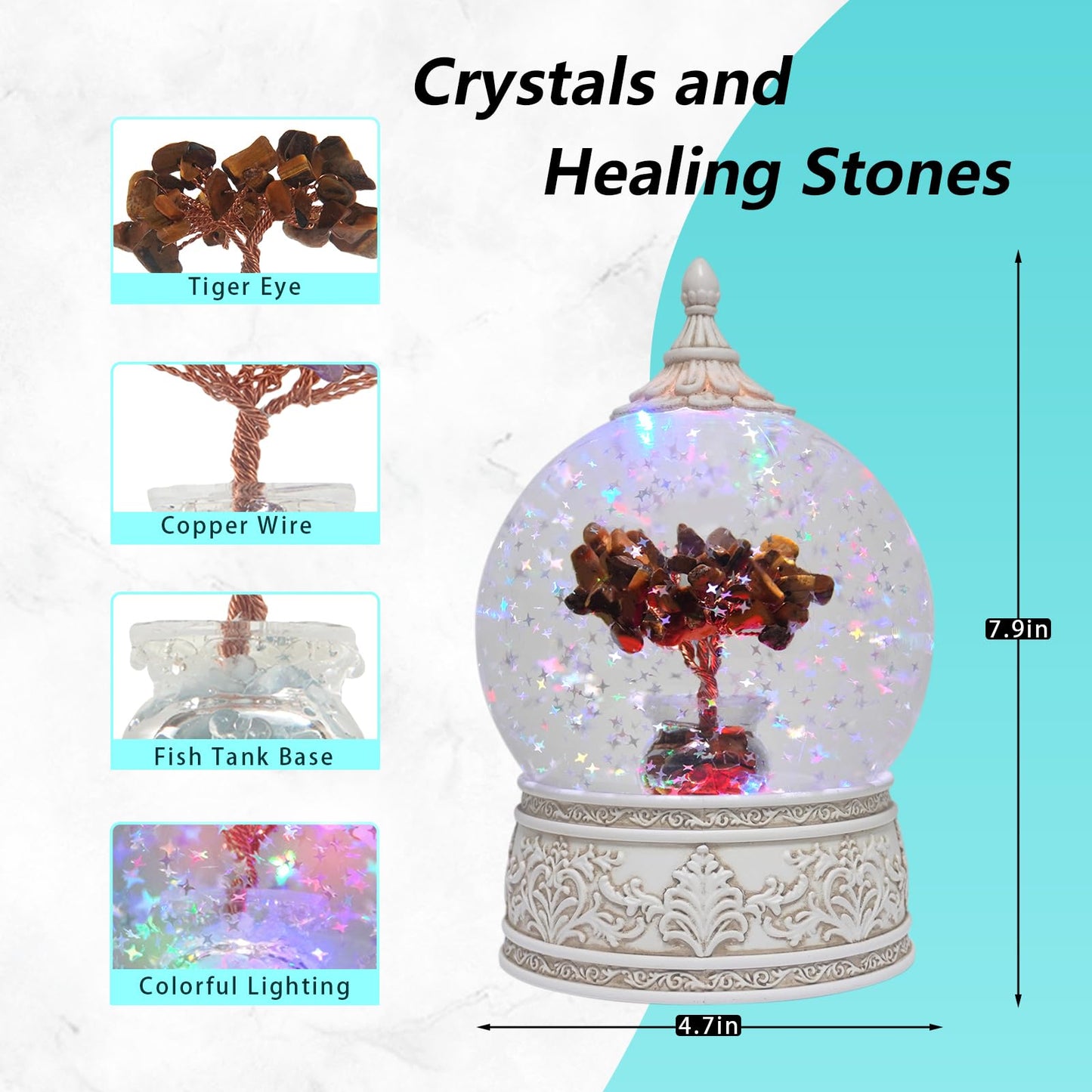Tiger Eye Healing Crystal Tree Globe with Colorful Lights and Sparkling Glitter, Natural Gemstone Base, Spiritual Meditation, Positive Energy Good Luck, Home Decor, Birthday Gifts (Tiger Eye)