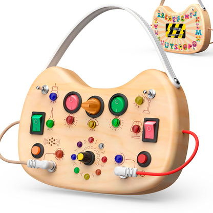 UdoUto Montessori Wooden Busy Board for Toddlers with LED Light Lights & Switches,Portable Activity Board for Car & Airplane Travel Toys, Christmas & Birthday Gift for 1-3 Year Old Boys & Girls