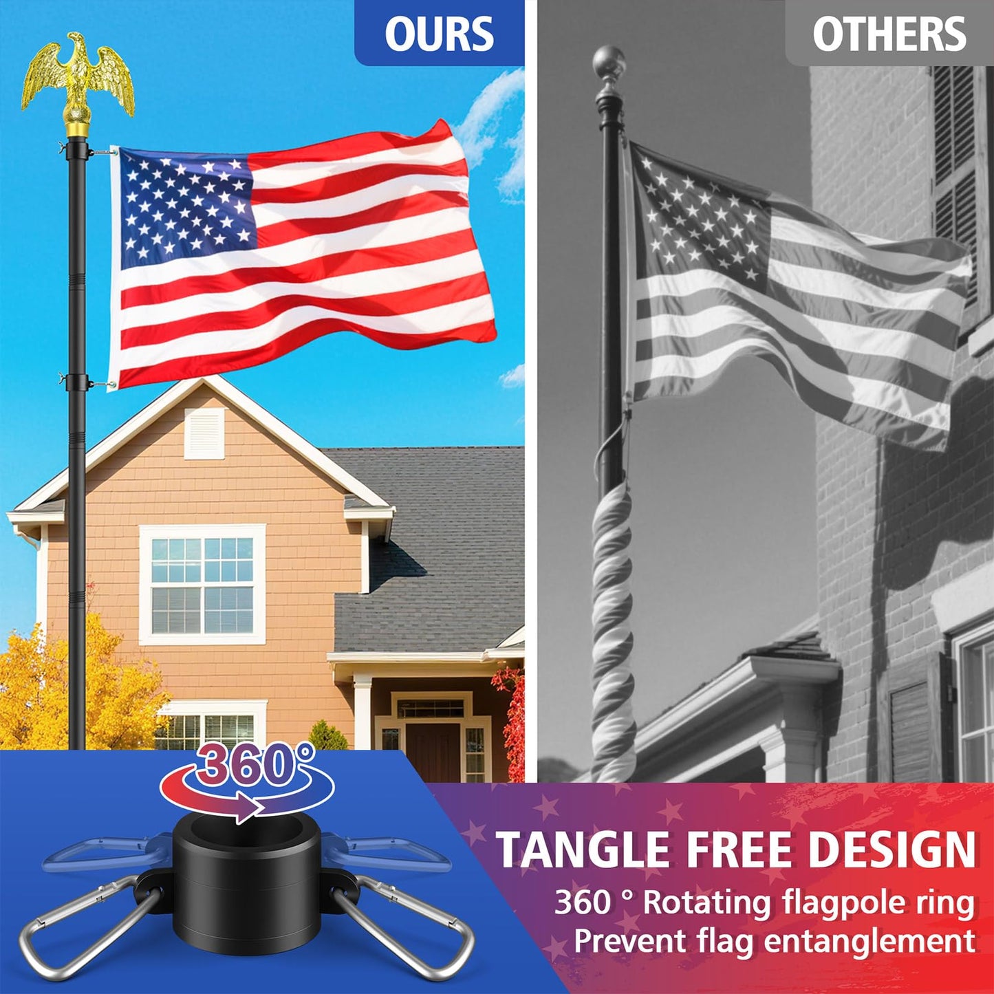 Flag Pole for Outside House, Outdoor Black Heavy Duty 10 FT Flag Pole Kit, for Residential or Commerical, Tangle Free Flagpole (Include American 3 X 5 Flag, 5 Pronges Base, Eagle Shaped Head)