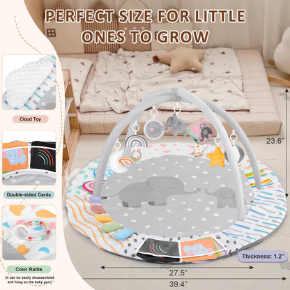 Baby Play Gym & Activity Mat, Tummy Time Mat with Cloud Toy, 7 Detachable Sensory Toys and Educational Cards for Motor Skills & Sensory Development, Baby Essentials Shower Gift, Grey Elephant