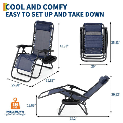 Garvee Outdoor Reclining Lounge Chair Set of 2 with Cup Holder & Padded Headrest, Adjustable Patio Folding Chairs, Heavy Duty Portable Camping Lawn Chairs for Pool, Backyard, Beach, Deck Blue
