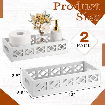 Qunclay 2 Pack White Toilet Tank Baskets Wooden Toilet Tank Top Paper Baskets with Handle Rustic Hollow Bathroom Paper Organizer Holders Farmhouse Decorative Bathroom Storage Box