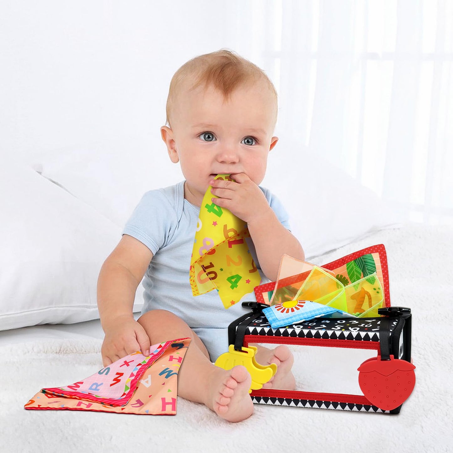 Dr.Rapeti Tummy Time Mirror, Tissue Box Toy, 3in1 Black and White High Contrast, Double-Sided Foldable Sensory Montessori Toy, Crinkle Silk Scarves Teethers 0-6 6-12 Month Newborn Infant Baby