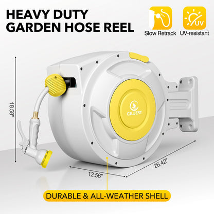 5/8" x 100 ft Retractable Garden Hose Reel, Heavy Duty Water Hose Reel Wall Mounted, Any Length Lock, 180°Swivel, Water Hose with 8-Function Nozzle for Cleaning, Watering(Yellow)