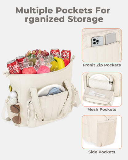 Puffer Cooler Bag 35 Cans Insulated Soft Cooler for Women Lightweight Ice Chest Leakproof & Portable Lunch Coolers for Picnic, Beach, Camping, Work, Travel, Trip (Beige)