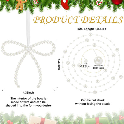 Chunful 37 Pcs Pearl Bow Christmas Tree Ornaments Pearl Bow Beads Garland Decorations for Xmas Cake Holiday Wedding Home Decor Crafts