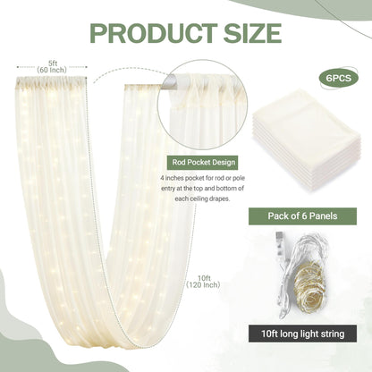 Ivory Ceiling Drapes with Lights - String Drapes for Wedding & Party Decorations - 5ftx10ft Sheer Tulle Curtains