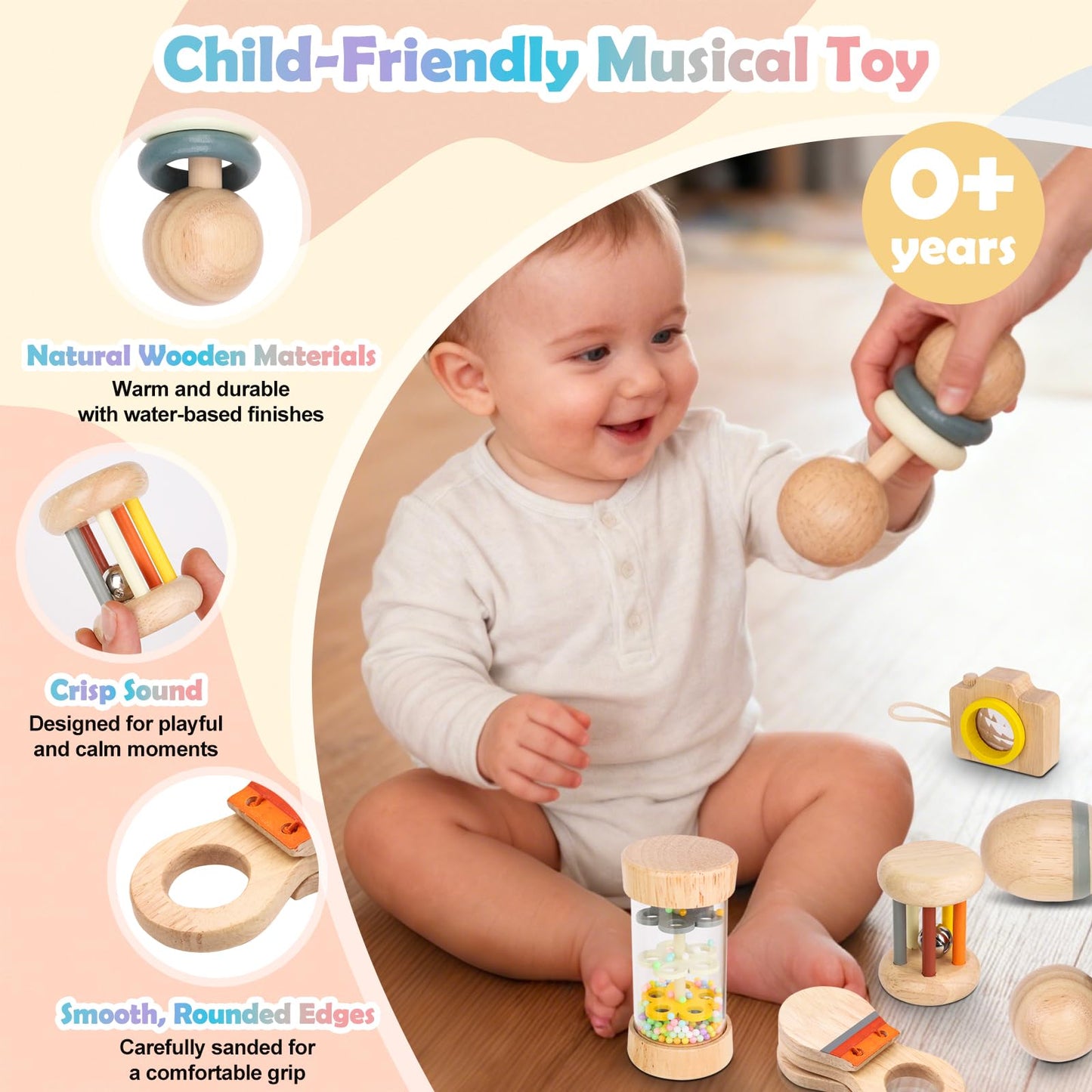 Montessori Wooden Baby Toys 7-in-1 Sensory Set for Babies 0–12 Months, Rain Sound Tube & Rattle Roller, Sensory Musical Gift for Baby Boys and Girls with Storage Bag
