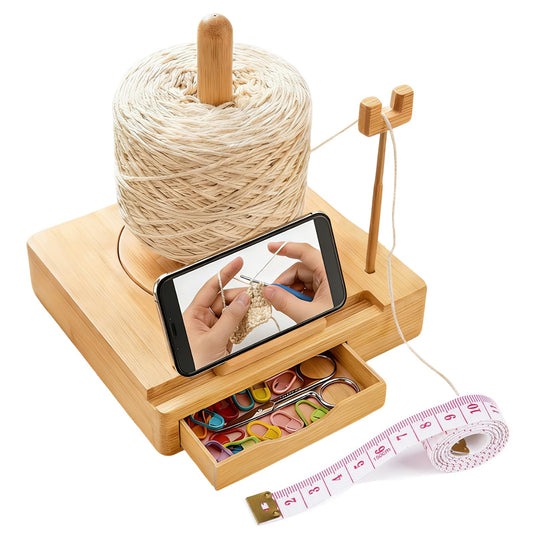 Portable Multi-Functional Wooden Yarn Spool Rotator with Phone Holder, Detachable Yarn Spool Box and Crochet Accessory Storage Box, Designed for Knitting Enthusiasts. (Original Wood Style)