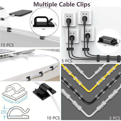ELII 327 PCS Cable Management Kit 4 Cable Cable Sleeves,65 Cable Clips with 13Cord Holders,25 Roll Cable Organizer Straps,200 Fastening Cable Ties,20 Cable Zip Tie Mounts for Computer (Black)
