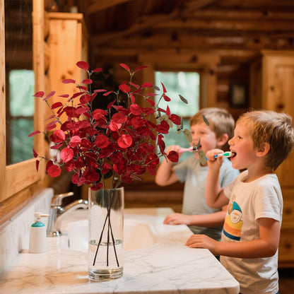 siqifloral 4pcs 23.62" Realistic Red Artificial Leaves – Faux Red Eucalyptus Stems for Vase Decoration, Rustic Farmhouse & Christmas Table Centerpiece