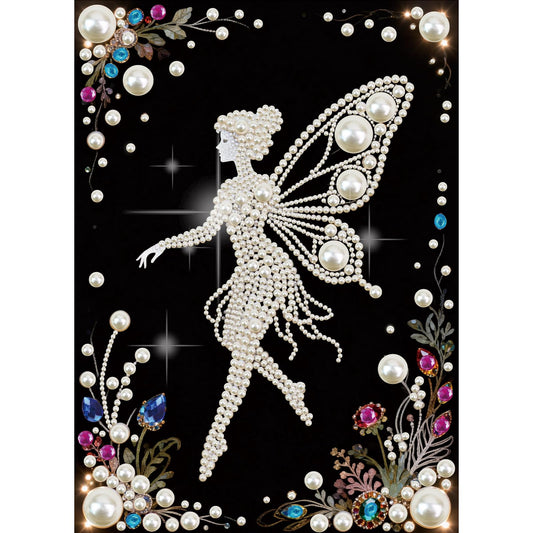 Focart DIY Pearl Diamond Painting Black and White Art Kits, Butterfly Fairy Pattern Round Half Pearls Rhinestones Diamond Dots Paintings Arts Craft Gift Home Decor for Beginners 15.74x11.8in