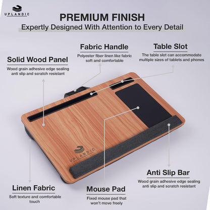 UPLANDIC Laptop Tray – Home Office Lap Desk with Built-in Mouse Pad, Wrist Rest & Phone Holder, Portable Laptop Stand with Cushion, Tablet Slot & Carry Handle, Ideal for Bed & Workspaces (Walnut)