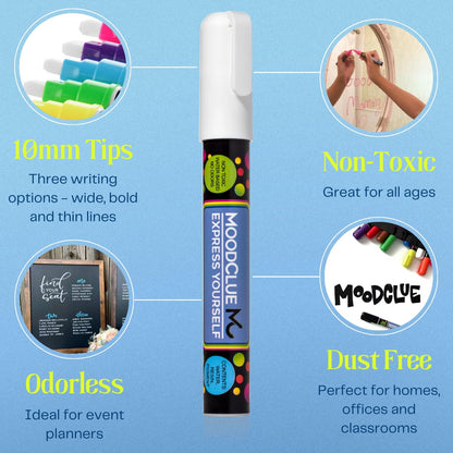 10mm JUMBO Tip Liquid Chalk Drawing Markers for Car Windows, Auto Windshields, Mirrors, White Boards, Retail + Restaurant Signs. Erasable Chalk Markers – Washable – Neon 8pck - 3 writing options