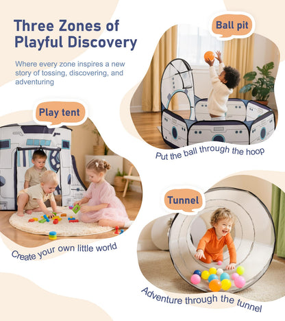 3PC Kids Play Tent with Tunnel and Ball Pit, Pop up Play Tents for Toddlers, Rocket Ship Playhouse for Indoor & Outdoor Use, Boys Spaceship Tent Set with Carry Bag, Ideal Gifts for Kids