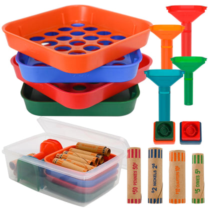 ESSENTIAL Coin Sorter Trays & Coin Counter Tubes, Coin Roller Crimping Tool with 60 Pcs Assorted Preformed Coin Wrapper Rolls