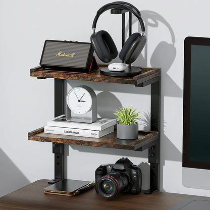 OUTIOE 2-Tier Desk Shelf, Expandable Under Desk Storage, Clamp on Desk Shelf, Desktop Accessories for Offices, Study Rooms, and Game Rooms (Wood)