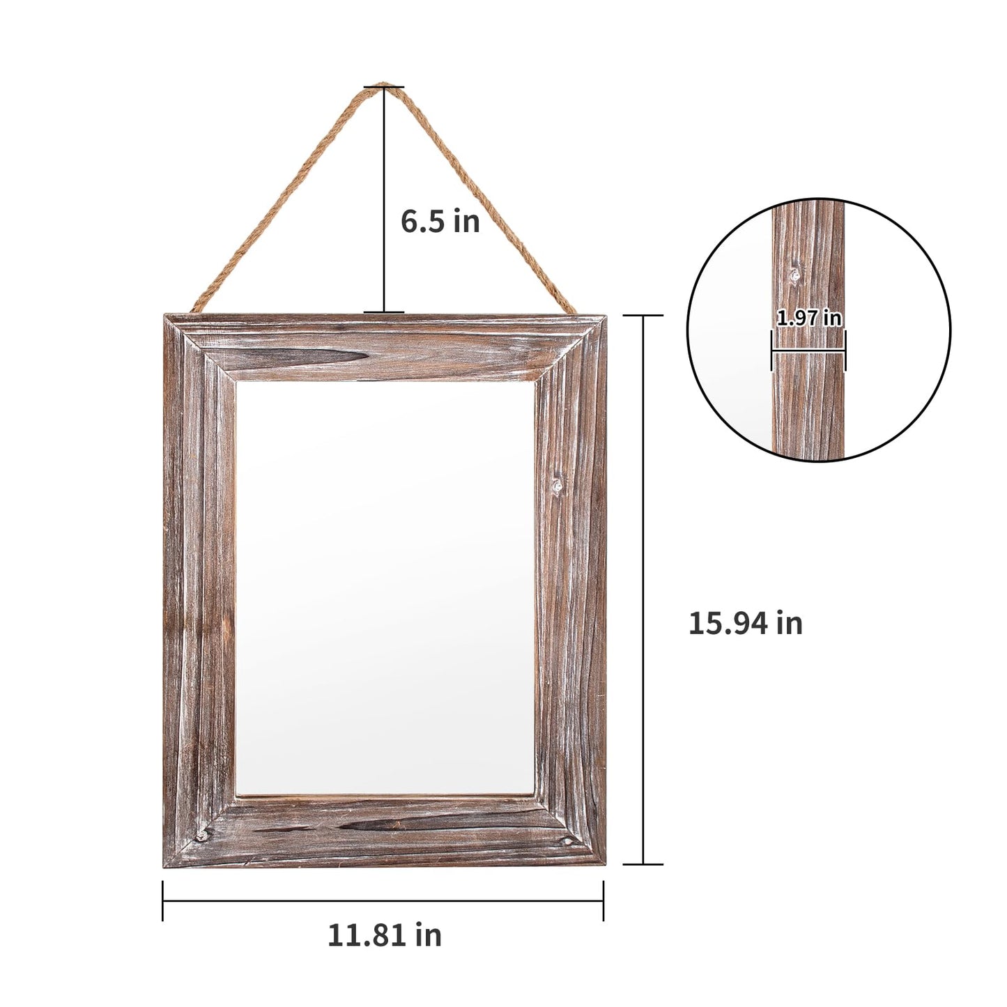 CFDYMTJ Wall Decorative Mirror 12 x 16 Inch Rust Farmhouse Rectangular Mirrors Wood Frame Mirror with Hanging Hemp Rope for Bedroom, Bathroom, Living Room, Entryway