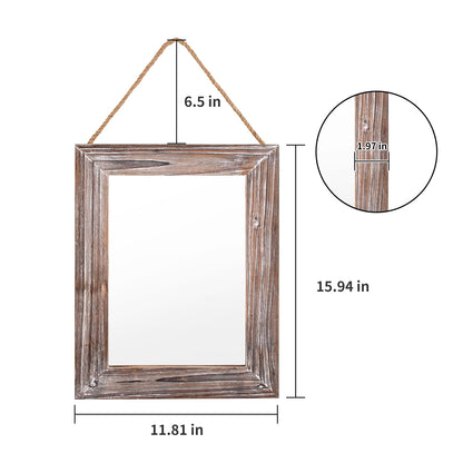 CFDYMTJ Wall Decorative Mirror 12 x 16 Inch Rust Farmhouse Rectangular Mirrors Wood Frame Mirror with Hanging Hemp Rope for Bedroom, Bathroom, Living Room, Entryway
