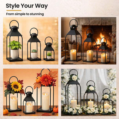 Decorative Metal Lanterns Indoor Outdoor, Set of 3 Farmhouse Lantern Holders Without Candles for Porch, Patio, Fireplace, Floor, Wedding & Holiday Table Centerpiece (Black, 20" 15.7" 12")