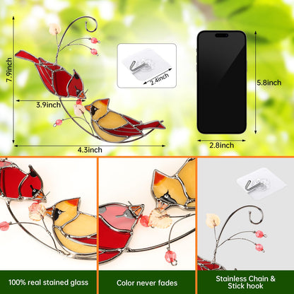 Handmade Cardinal Stained Glass Suncatchers Window Hanging Ornament for Christmas,Memorial Gifts for Women,Red Birds Sun Catcher Decora,Bird Lover Gifts,Real Glass Unique Design