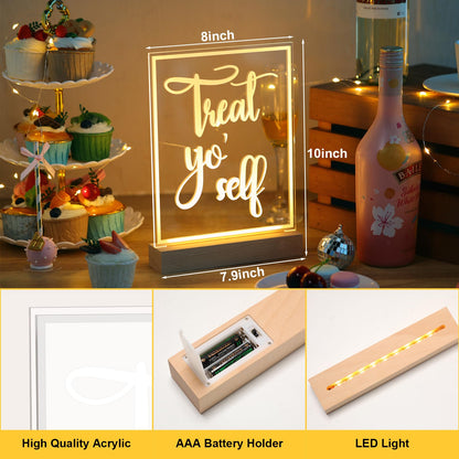 Hoolerry LED Acrylic Bar Table Sign 8" x 10" Neon Acrylic Table Centerpiece, Snack Candy Bar Centerpiece with Stand White Text for Dessert Flower Room Decor (Treat Yoself)