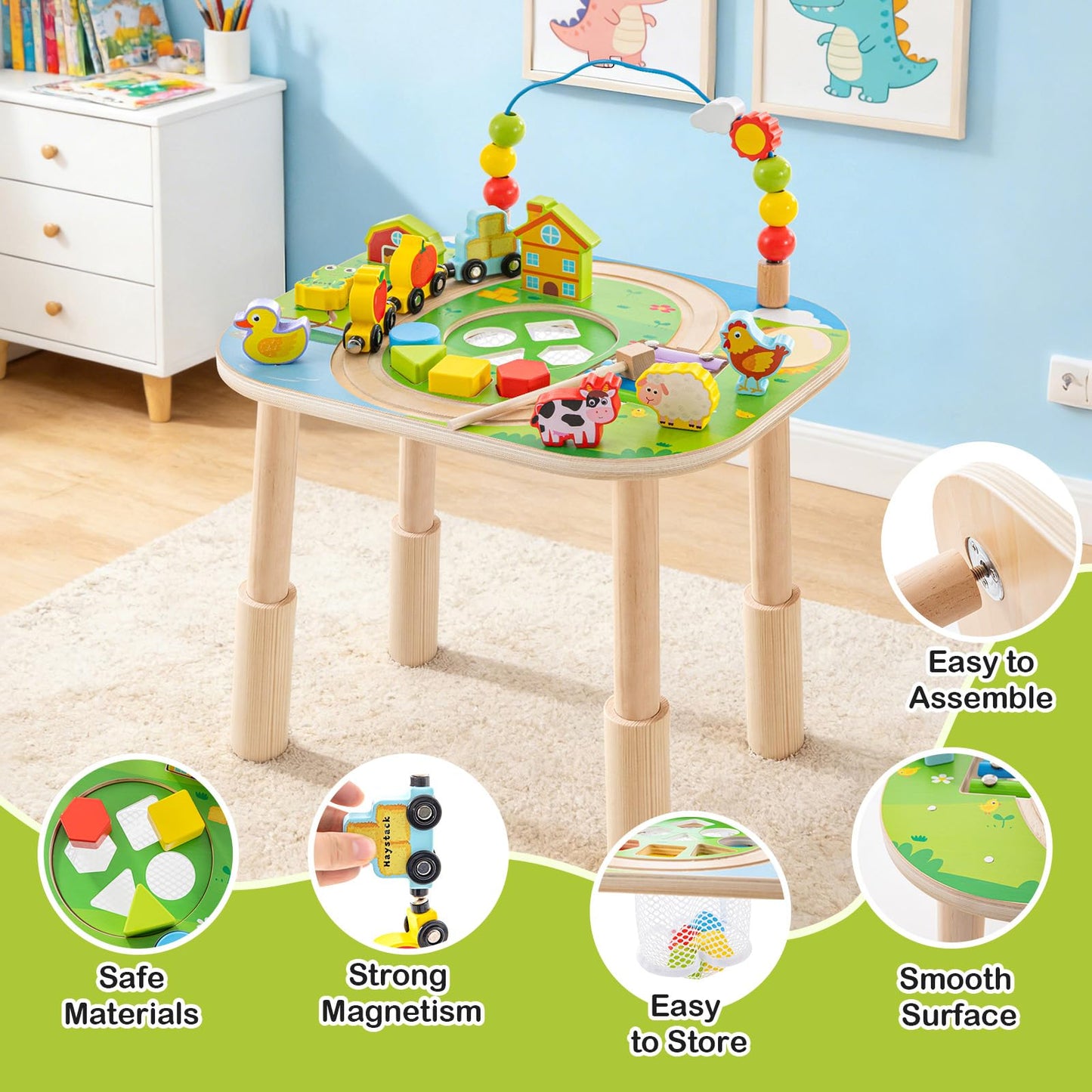 Activity Table for 1 Year Old with Two Height Levels,Wooden Sensory Play Table for Toddlers 1-3,8 in 1 Montessori Learning Toy with Bead Maze, Shape Sorter & Train,Gift for Baby Boys Girls (Farm)
