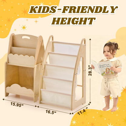 JooKiddie Kids Bookshelf and Toy Storage, 5-Tier Sling Toddler Bookshelf, 3Pcs Modular Wooden Book and Toy Storage Organizer, Children Bookcase for Kids Room Playroom Nursery
