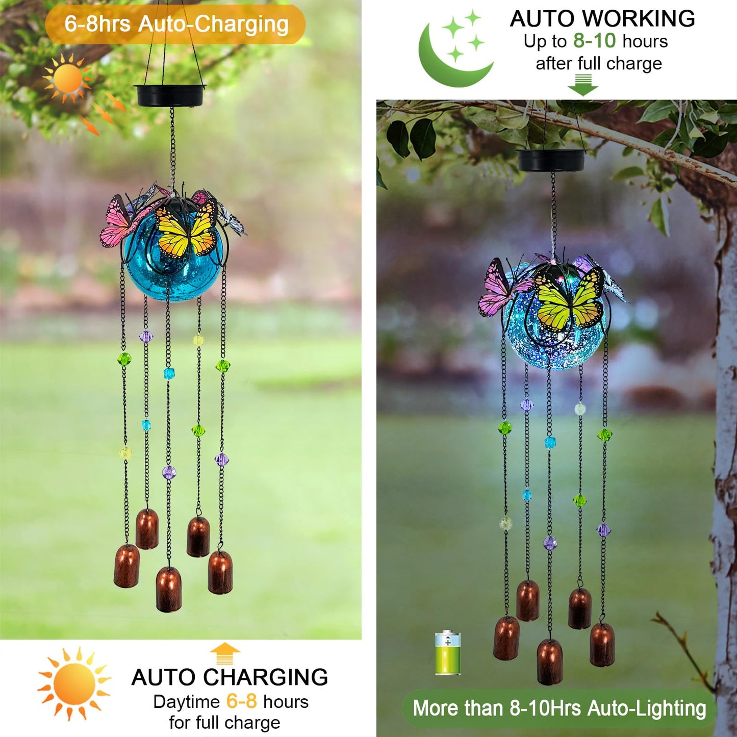 Butterfly Wind Chimes for Outside,Plastic Ball Dangle Solar Lights Outdoor,Waterproof Hanging Yard Decorations for Garden,Patio,Porch