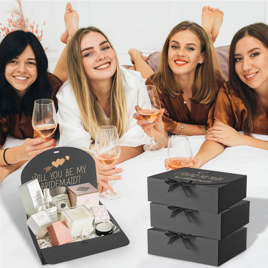Ocmoiy 12 Pack Gift Boxes with Lids, 10.6x7.8x3.1 Inch Black Paper Gift Box with Ribbon, Bridesmaid Proposal Box for Wedding, Packaging, Baby Shower, Birthday, Christmas, Party, Present Crafting