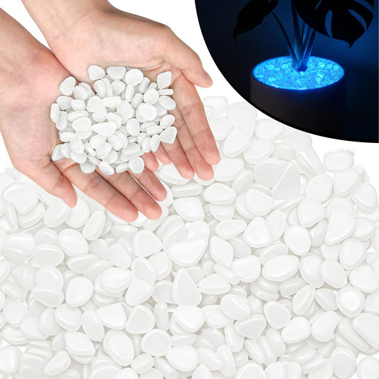 PoYang 1000pcs Glow in The Dark Rocks Outdoor - White Resin Glowing Pebbles for Landscaping, Garden, Fish Tank and Aquarium Indoor Decor, Powered by Sunlight or Lamplight (0.4"-0.7"/pc, 1.2lbs/Bag)