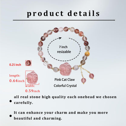 LWQQWL Cat Paw Bracelet Colorful Quartz Crystal Cat Claw Bracelet Strawberry Stone Bracelet Jewelry 7 Inch for Women