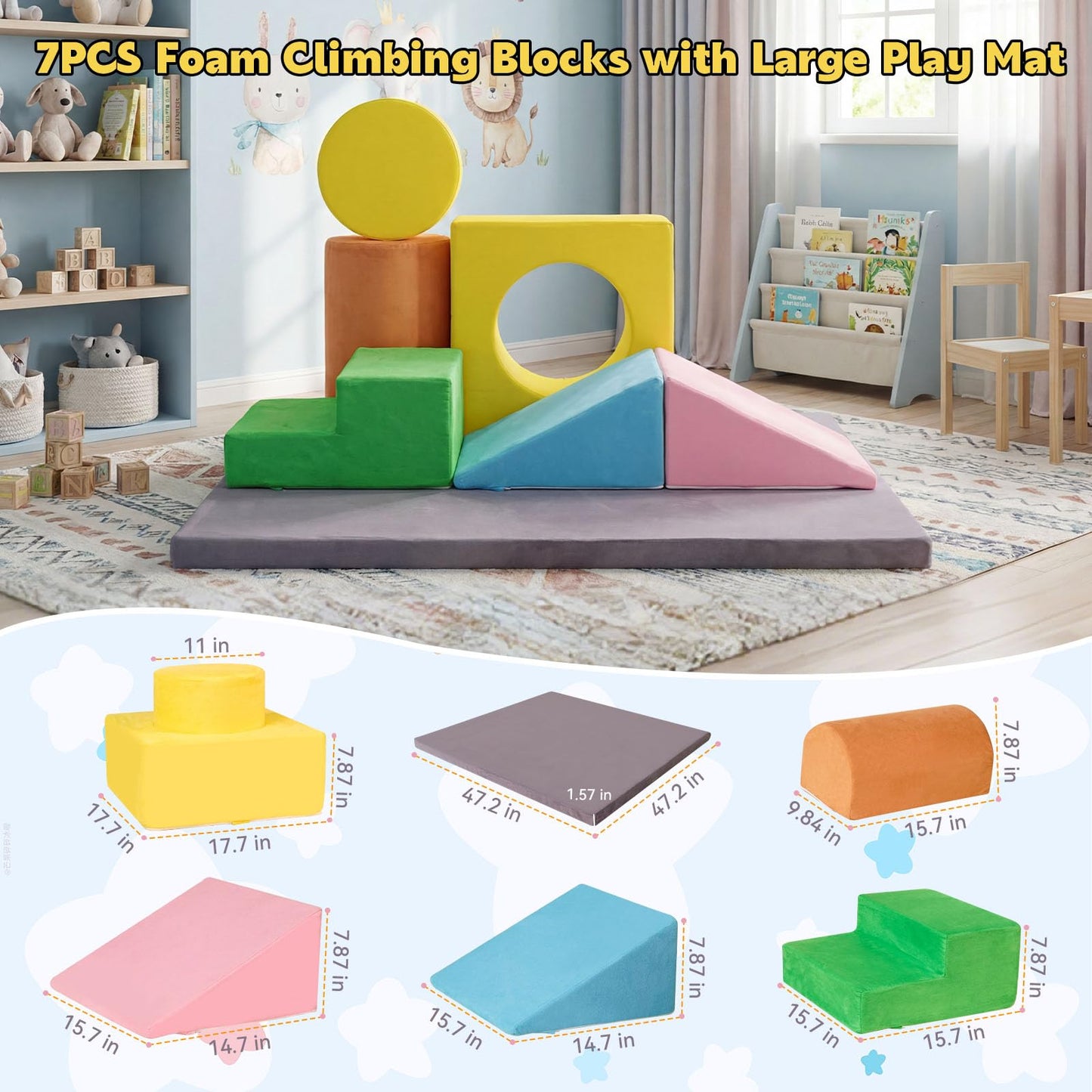 HAHASOLE 7-Piece Foam Climbing Blocks for Toddlers, Toddler Climbing Toys Indoor, Climb and Crawl Soft Foam Play Set with 47x47, 1.5" Thick Baby Play Mat for Floor, Removable & Machine-Washable Cover