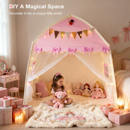 Kids Play Tent Indoor Teepee: Princess Castle Reading Nook with Mat Lights Carry Bag Mesh Windows Quick Setup for Bedroom Playroom Girls Ages 3-12 - 59x39x59 in