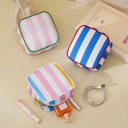 RSRSLEII Small Stripe Makeup Bag for Purse, Mini Cosmetics Bag with Zipper, Cute Cosmetic Pouch for Women Girls, Key Pocket Lipstick Pouch Card Holder Data Cable Organizer(06 Colorful Stripes)