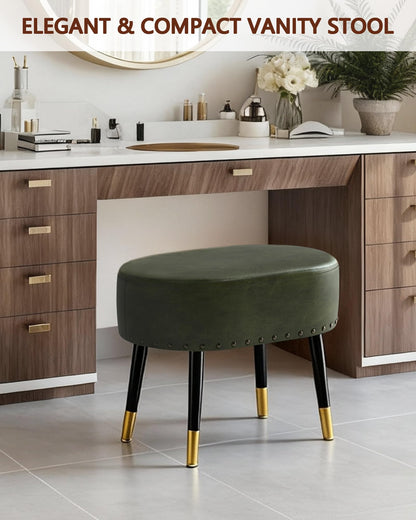 LITZFUR Vanity Stool Chair for Makeup, Pu Leather Oval Footrest, Vintage Rivet Ottoman Bench with Metal Legs, Dressing Stool for Batheroom, Living Room, Entryway, Green