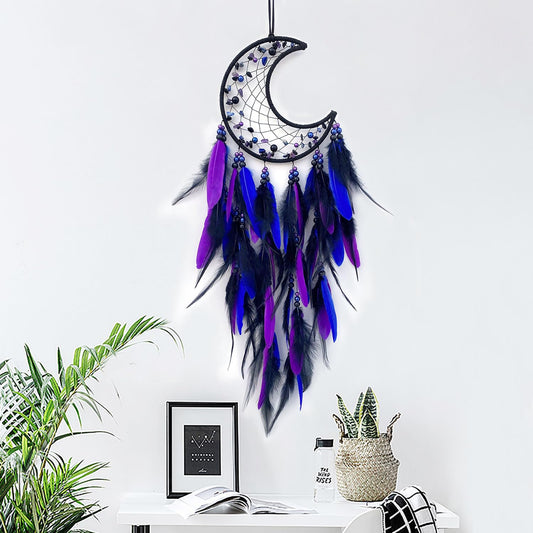 BELACASA Moon Dream Catcher Handmade for Bedroom Purple and Blue Feather Dream Catchers for Home Decoration Ornaments for Bedroom Wall Hanging (Purple Feather - 1pc)