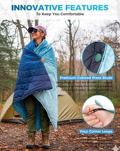 KingCamp Ultralight Camping Blanket, Packable Down Alternative Puffy Printed Wearable Blanket with Snap Buttons & Corner Loops Weatherproof Quilt for Outdoor Travel Stadium (78.7"L x 57.1”W, CYAN)
