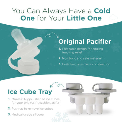 Nippii Freezer Teether Pacifier & Ice Cube Tray - Soft Silicone Freezable Teething Paci for Baby Teething Relief - Cold Teething Toy for 0-9 Months - BPA Free, Medical Grade & Easy to Clean