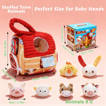 kenvc Baby Toys for 6-12 Months, Barn Stuffed Farm Animals with Sounds & Ring, Plush Animals Toys Have Mirror Montessori Educational Toys Sensory for Developmental for Infants & Toddler Toy Gift