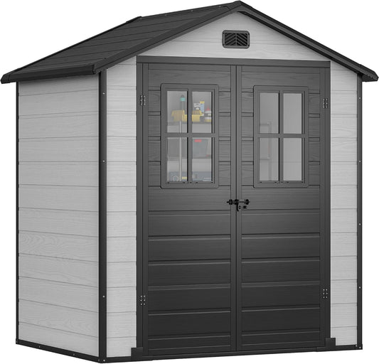 DWVO 6x4.4 FT Outdoor Resin Storage Shed with Reinforced Floor, All-Weather Bike Storage Shed with Lockable Door, Window and Vent, Waterproof Plastic Tool Storage for Garden, Backyard, Patio, Lawn