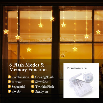 Quntis Star Christmas Window Lights, 76 LEDs 9 Stars Curtain Lights Battery Operated with Timer, 8 Mode Xmas Hanging Window Decorations Lights Indoor Backdrop for Bedroom Wall, Warm White