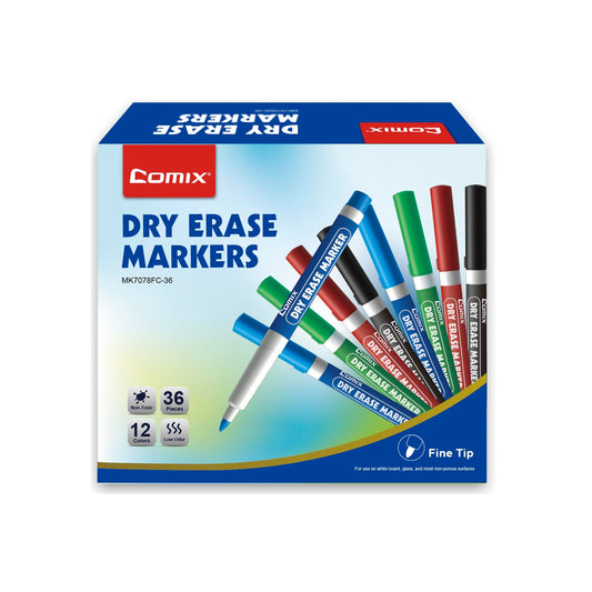 Comix Fine Tip Dry Erase Markers, Low Odor Whiteboard Markers, 36 Bulk 4 Assorted Colors Markers for Kids Teachers Office & School Supplies