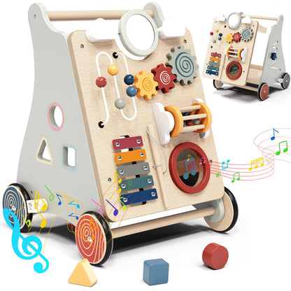 Baby Push Walker with Detachable Busy Board, Wooden Baby Walker with Adjustable Speed Wheels, Montessori Push Walker for Babies, Push Walking Toys for Boys & Girls 1 Year Old, Gifts for Toddler