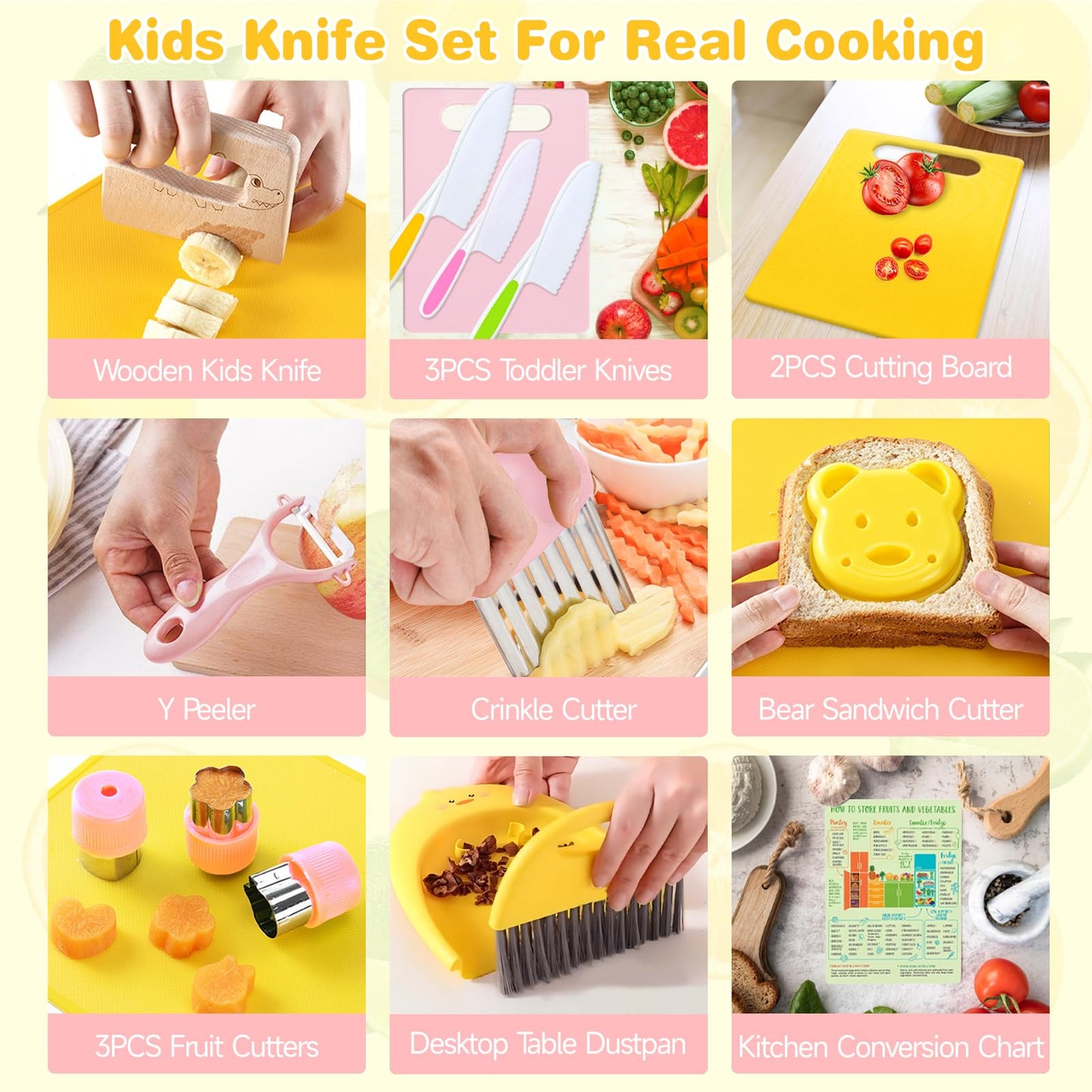 Suhctuptx Kids Knife Set for Real Cooking, Kids Kitchen Knives with Cutting Board Crinkle Cutters Cleaning Tools, Toddler Kitchen Toys Christmas Birthday Gifts for Girls Boy Age 2-10