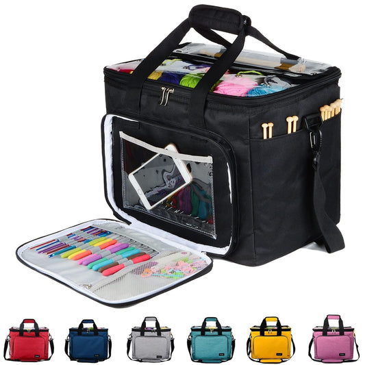 Hoshin Knitting Bag for Yarn Storage, High Capacity Yarn Totes Organizer with Inner Divider Portable for Carrying Project, Knitting Needles(up to 14”), Crochet Hooks, Skeins of Yarn (Black)