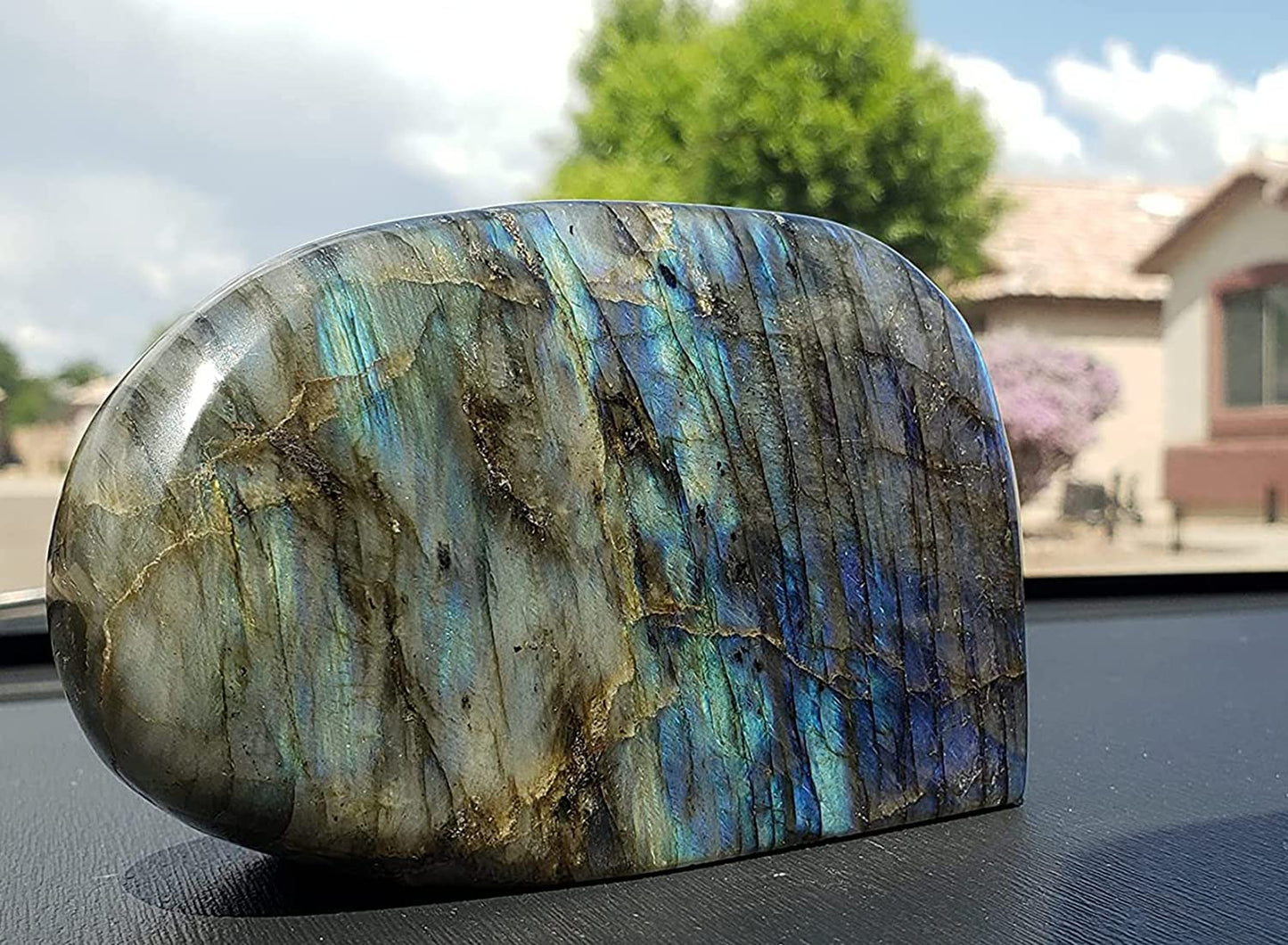 JIC Gem Class 1 Labradorite Palm Stone Crystal, Polished Healing Pocket Worry Stone for Anxiety Stress Relief 1.3-1.5lb